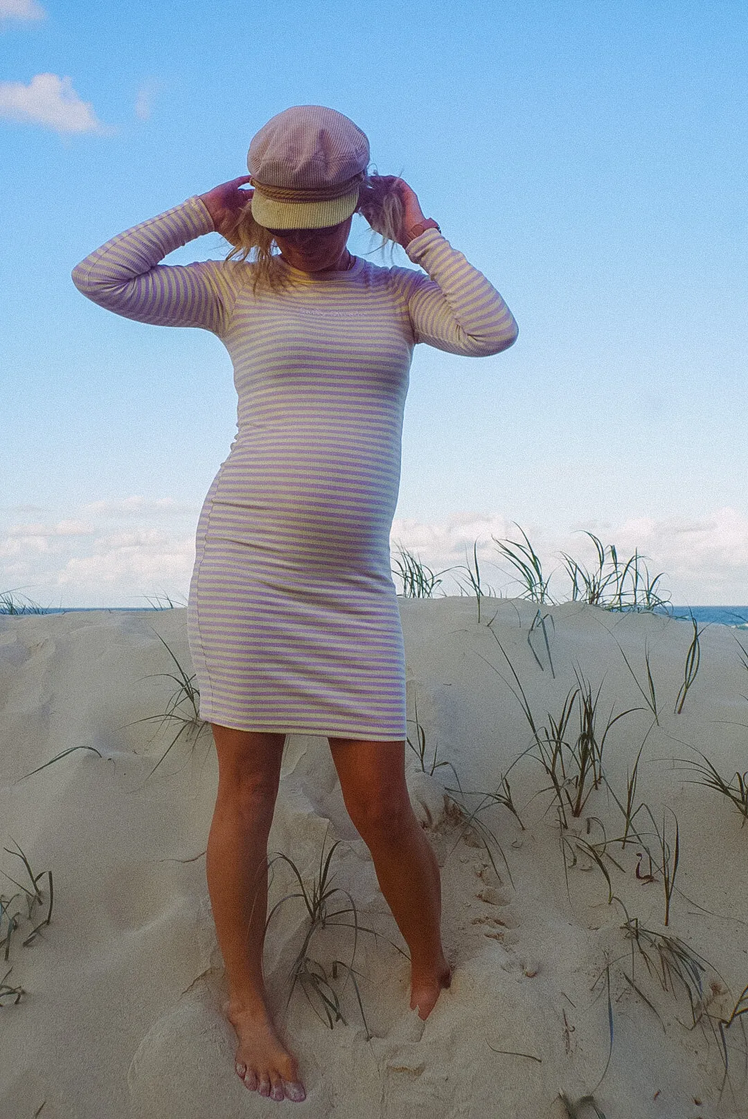 Laid Back SS embroidered ribbed stripe dress - Yellow / Purple - Ladies