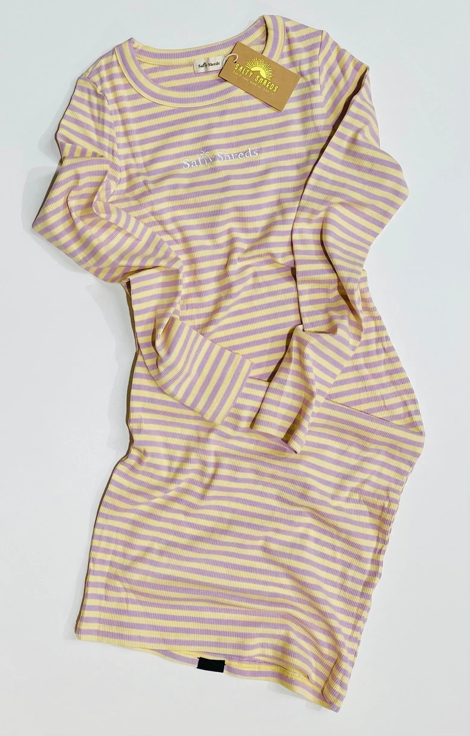 Laid Back SS embroidered ribbed stripe dress - Yellow / Purple - Ladies