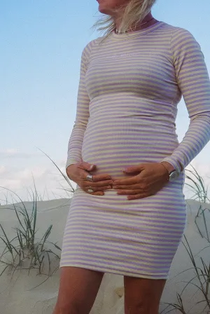 Laid Back SS embroidered ribbed stripe dress - Yellow / Purple - Ladies