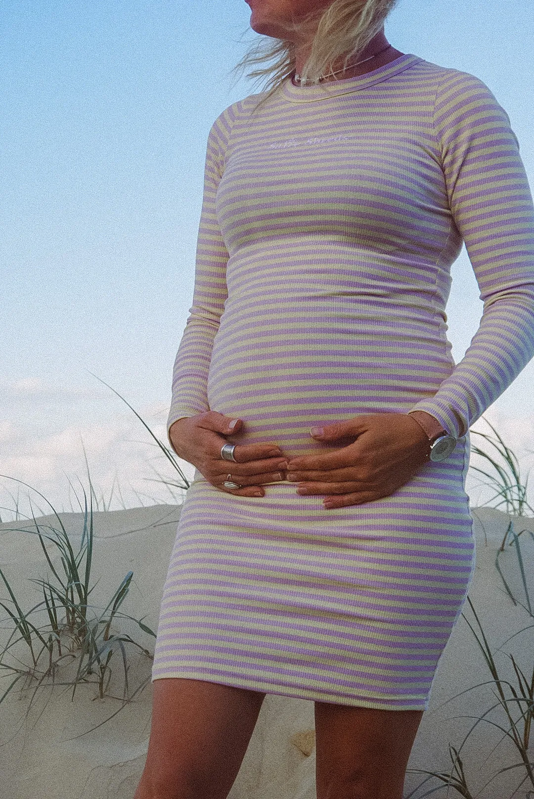 Laid Back SS embroidered ribbed stripe dress - Yellow / Purple - Ladies