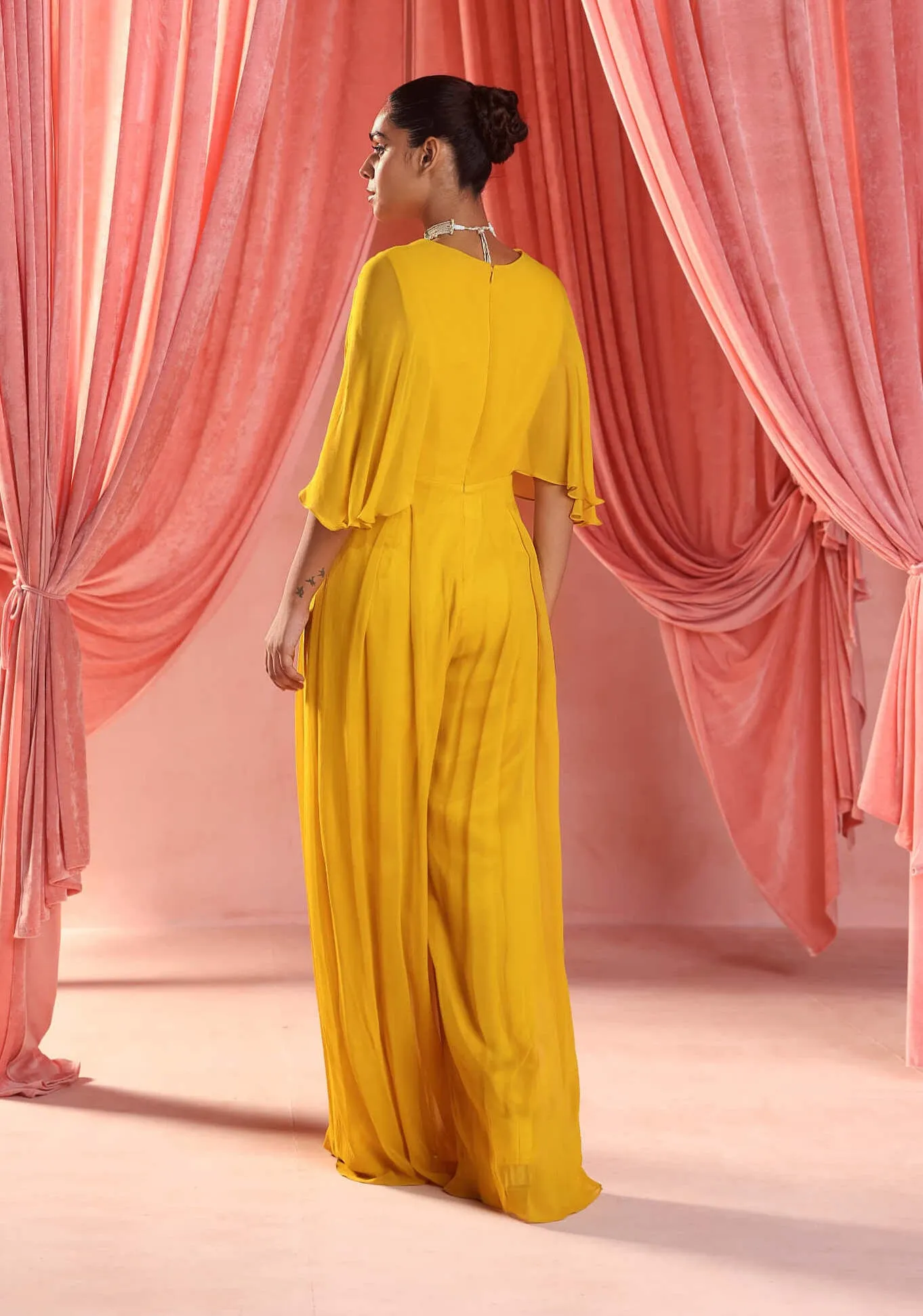 Lara mustard yellow draped jumpsuit