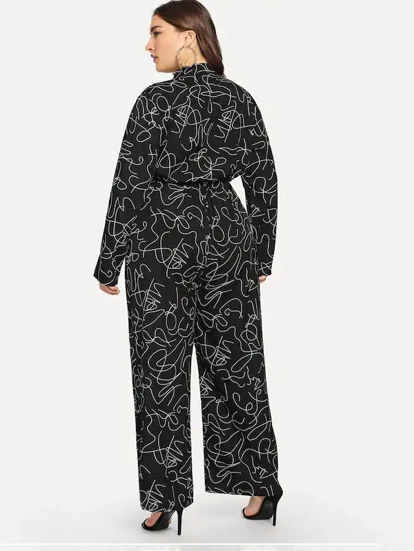 Large Size Women's Collar Long Sleeve Jumpsuit Fat Sister Printed Slim Bodysuit