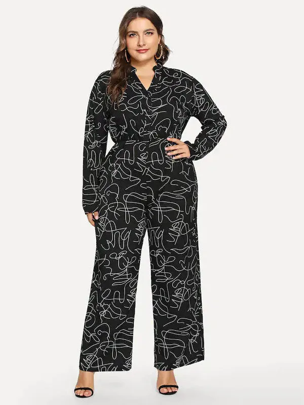Large Size Women's Collar Long Sleeve Jumpsuit Fat Sister Printed Slim Bodysuit