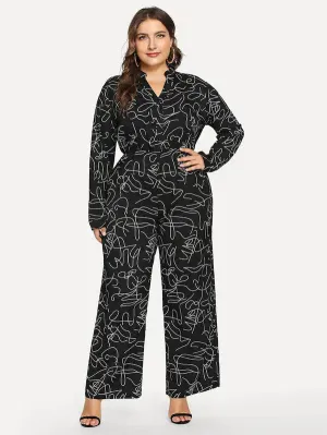 Large Size Women's Collar Long Sleeve Jumpsuit Fat Sister Printed Slim Bodysuit