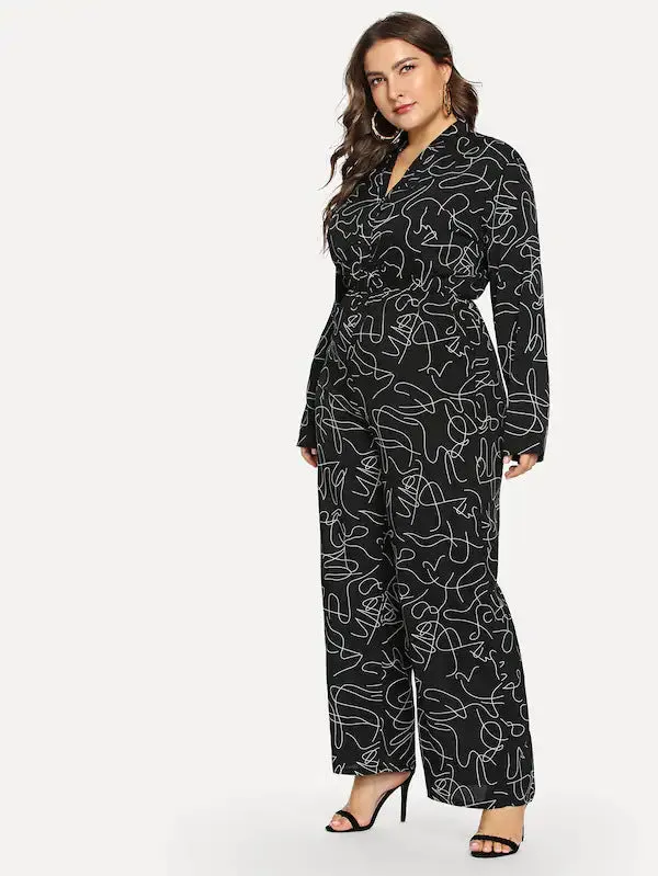 Large Size Women's Collar Long Sleeve Jumpsuit Fat Sister Printed Slim Bodysuit