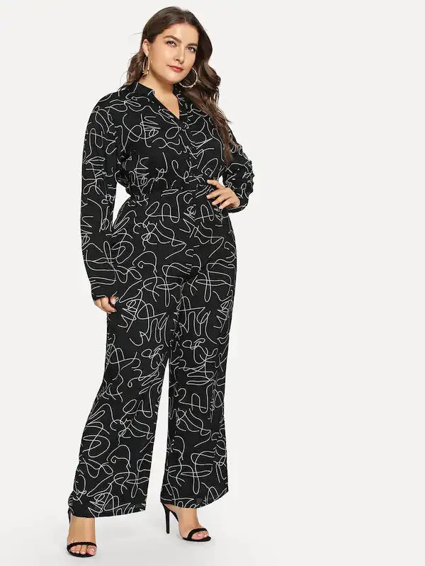 Large Size Women's Collar Long Sleeve Jumpsuit Fat Sister Printed Slim Bodysuit