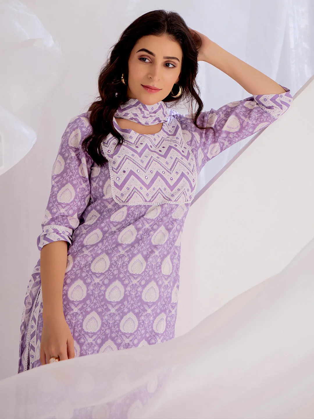 Lavender Ethnic Printed Cotton Kurta Set With Dupatta