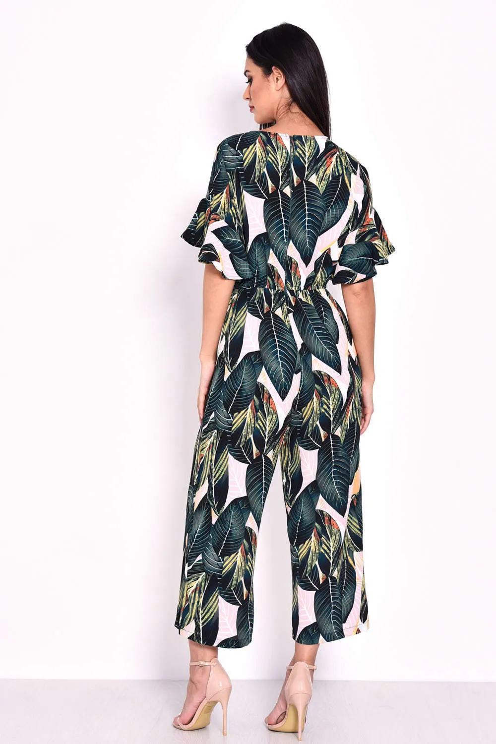 Leaf Printed Frill Detail Wrap Front Jumpsuit