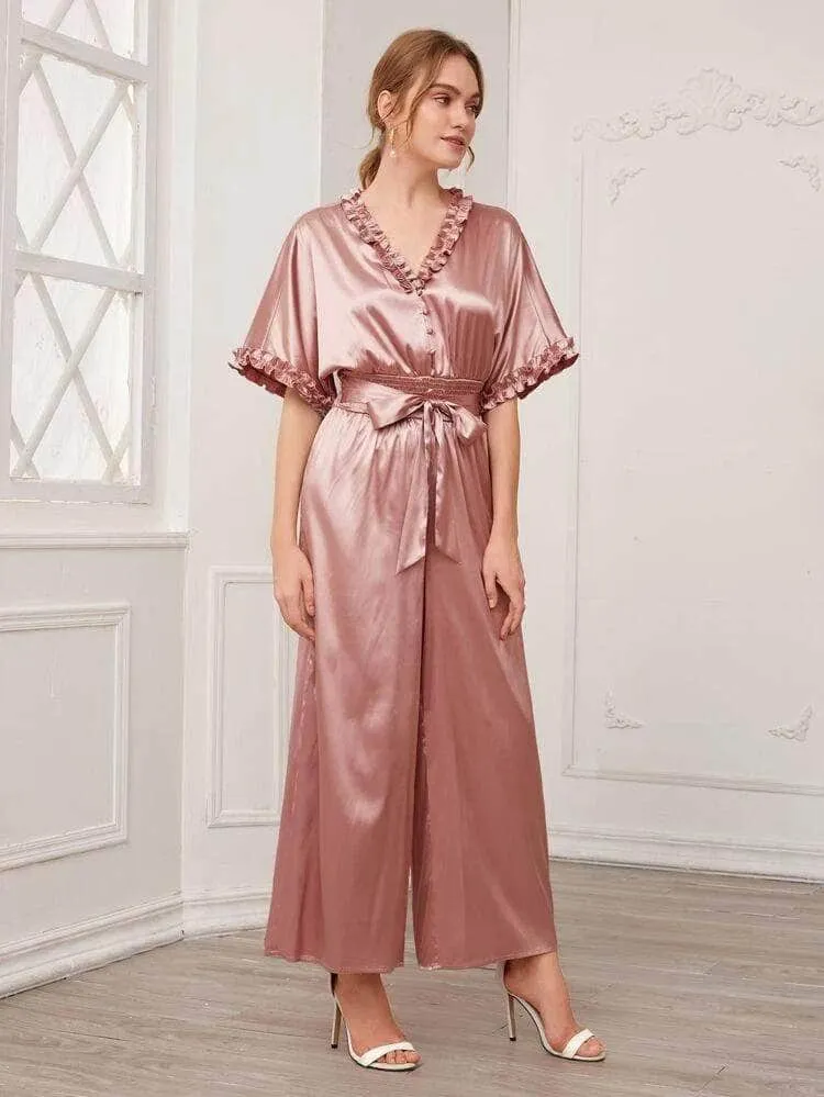 Lemon Tart Ruffle Trim Detail LTJMPS11 Satin Jumpsuit