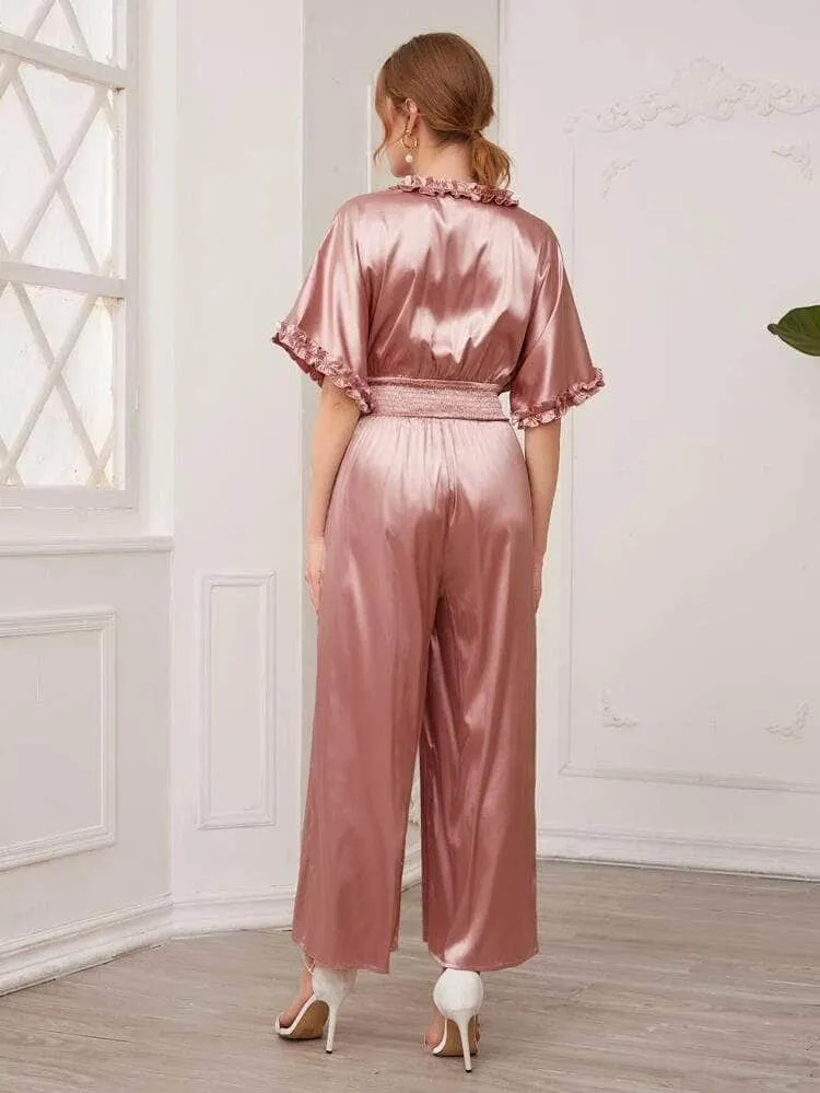 Lemon Tart Ruffle Trim Detail LTJMPS11 Satin Jumpsuit