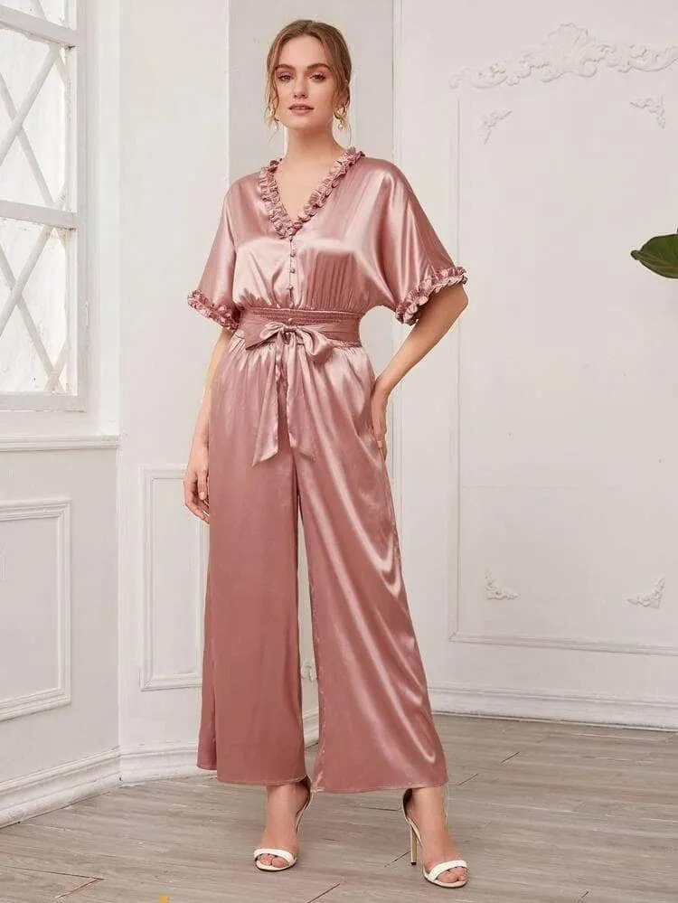Lemon Tart Ruffle Trim Detail LTJMPS11 Satin Jumpsuit