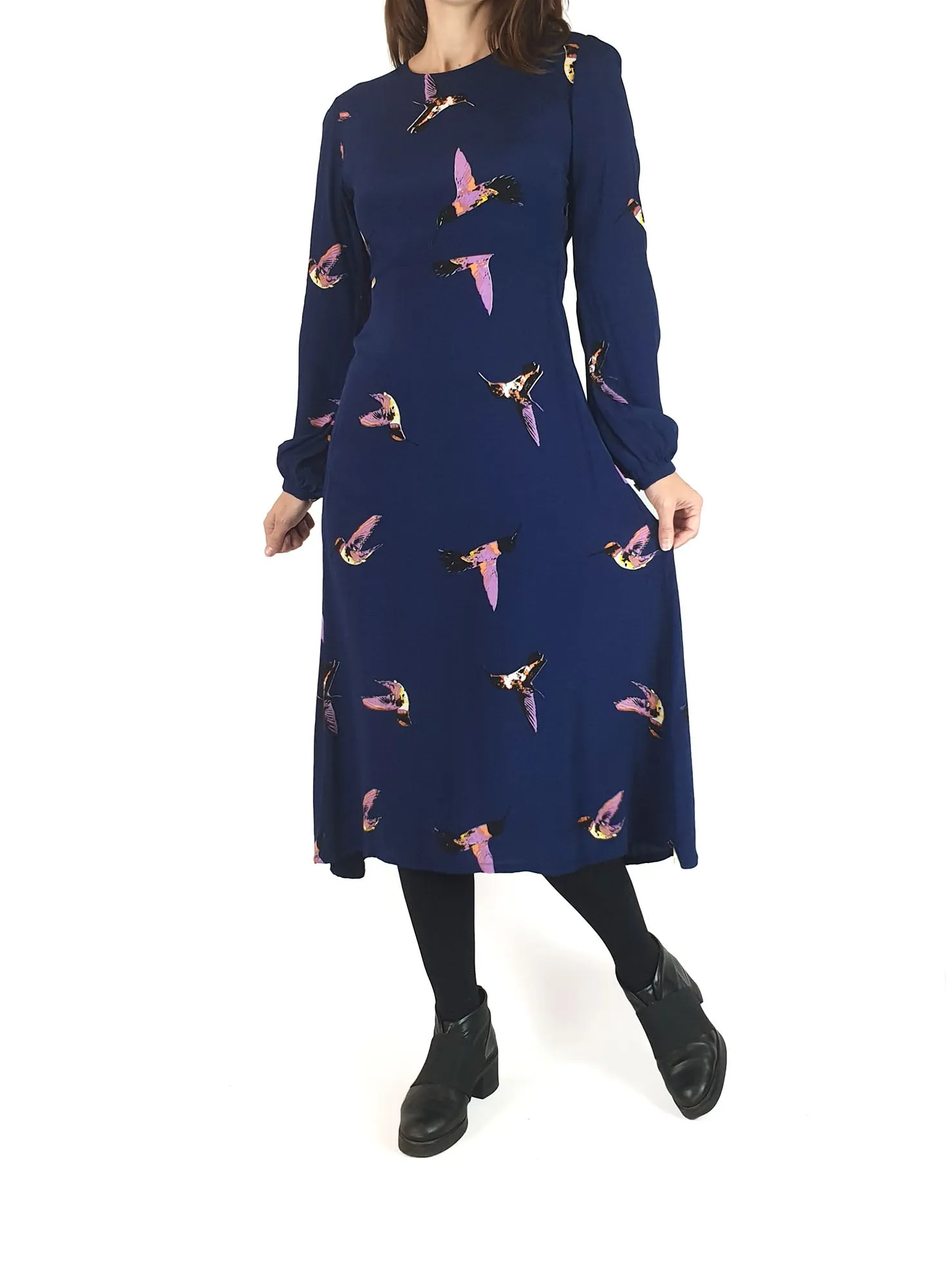 Leonard St blue bird print long sleeve dress size 8