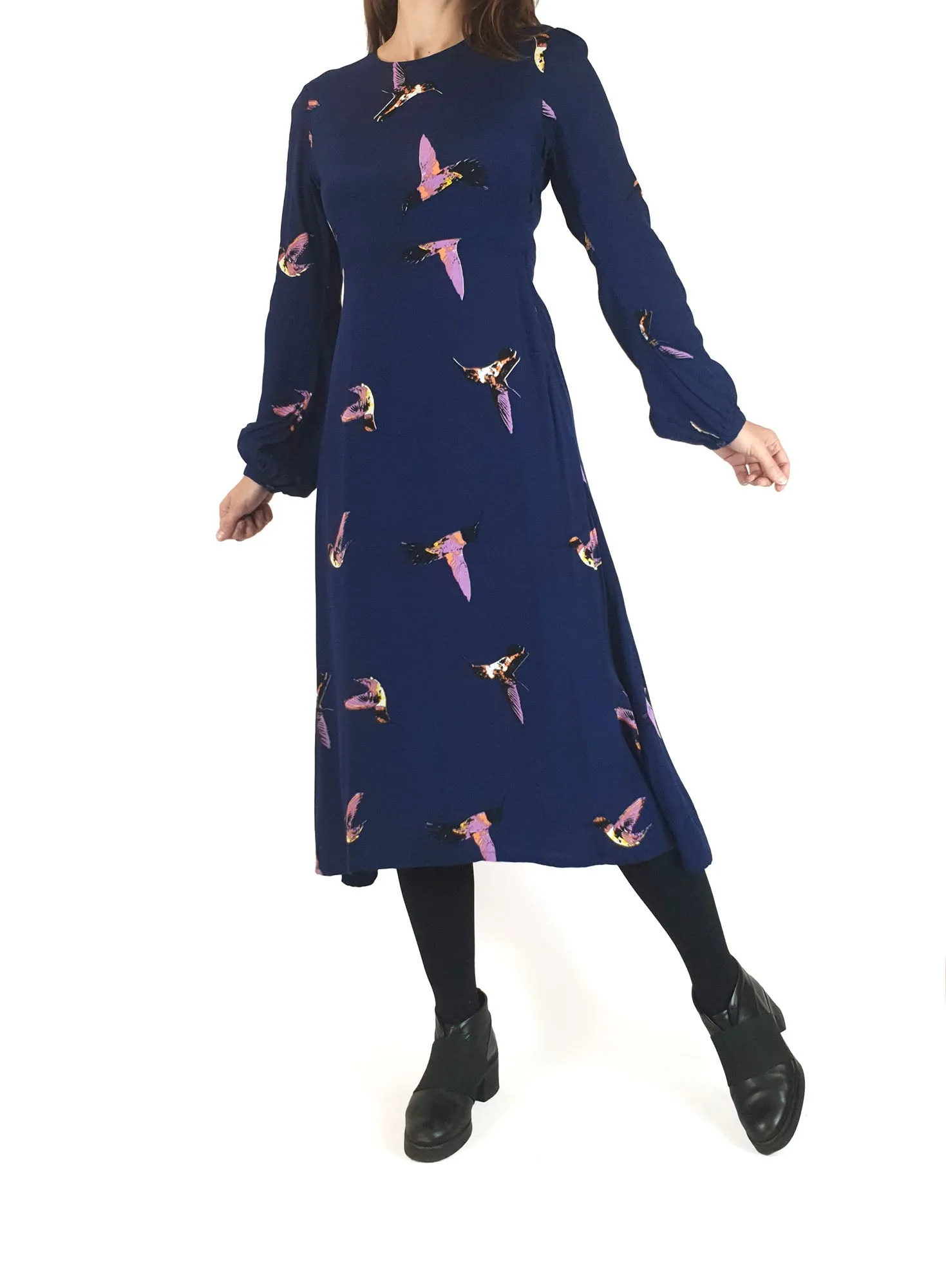 Leonard St blue bird print long sleeve dress size 8