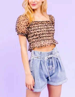 Leopard Square Neck Puff Sleeve Sheer Smocked Mesh Crop Top