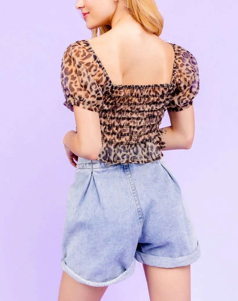 Leopard Square Neck Puff Sleeve Sheer Smocked Mesh Crop Top