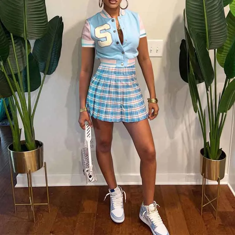 Letter Print Short Sleeve Baseball Coat & Plaid Pattern Skirt Set