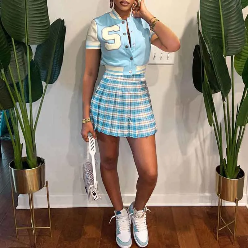 Letter Print Short Sleeve Baseball Coat & Plaid Pattern Skirt Set