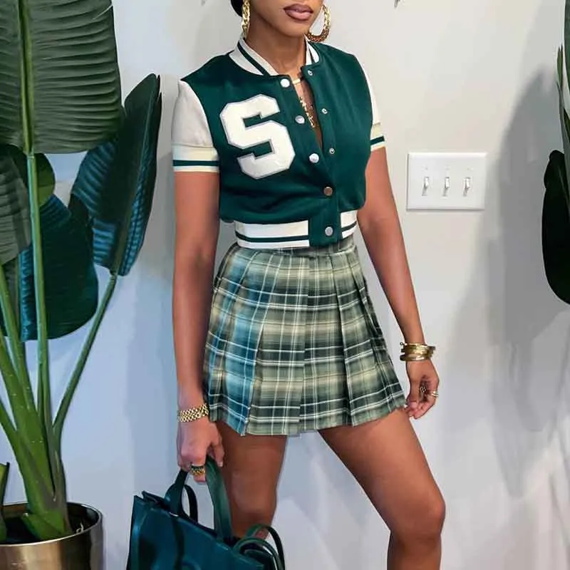 Letter Print Short Sleeve Baseball Coat & Plaid Pattern Skirt Set