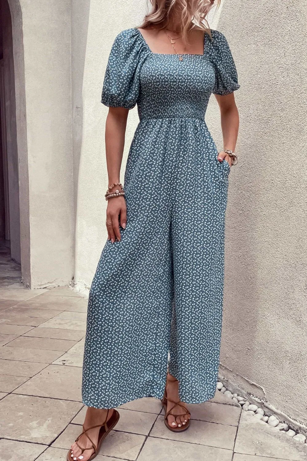Lib Printed Square Neck Jumpsuit with Pockets