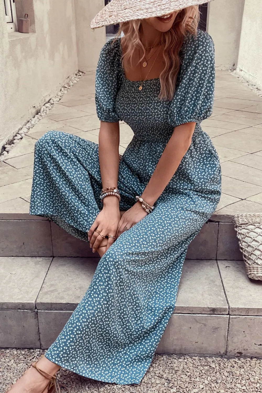Lib Printed Square Neck Jumpsuit with Pockets