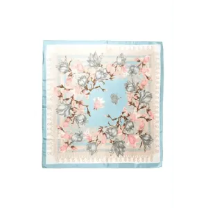 Light Blue Floral Printed Silky Square Scarf for Elegance
