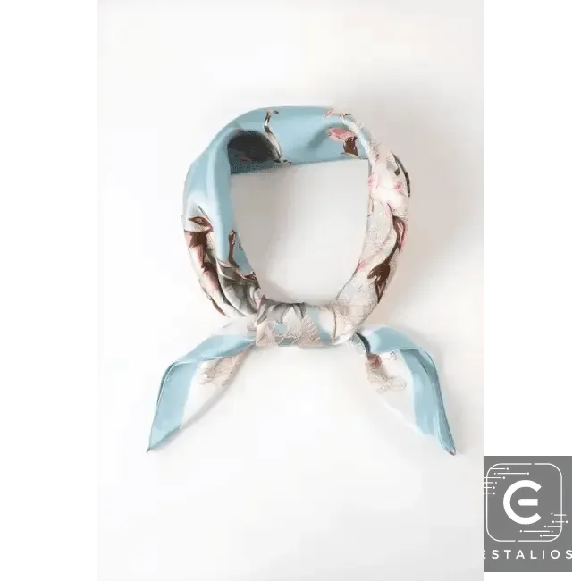 Light Blue Floral Printed Silky Square Scarf for Elegance