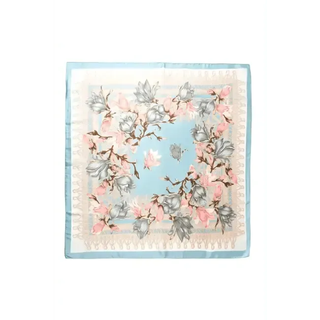 Light Blue Floral Printed Silky Square Scarf for Elegance