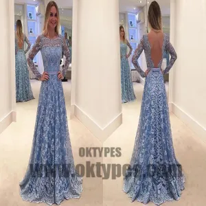Light Blue Long Prom Dresses, Lace Prom Dresses, Long Sleeve Prom Dresses, Open-back Prom Dresses, TYP0077