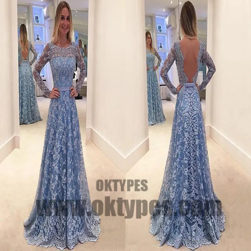 Light Blue Long Prom Dresses, Lace Prom Dresses, Long Sleeve Prom Dresses, Open-back Prom Dresses, TYP0077