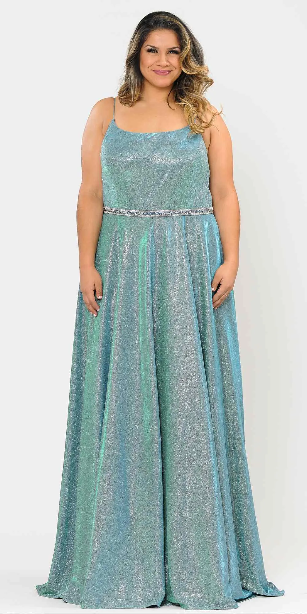 Lindas W1038 Square Neck Rhinestone Belt Iridescent Glitter Plus Size Dress