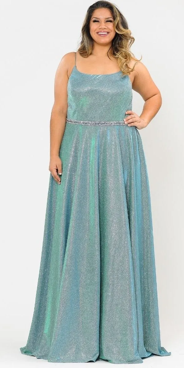 Lindas W1038 Square Neck Rhinestone Belt Iridescent Glitter Plus Size Dress
