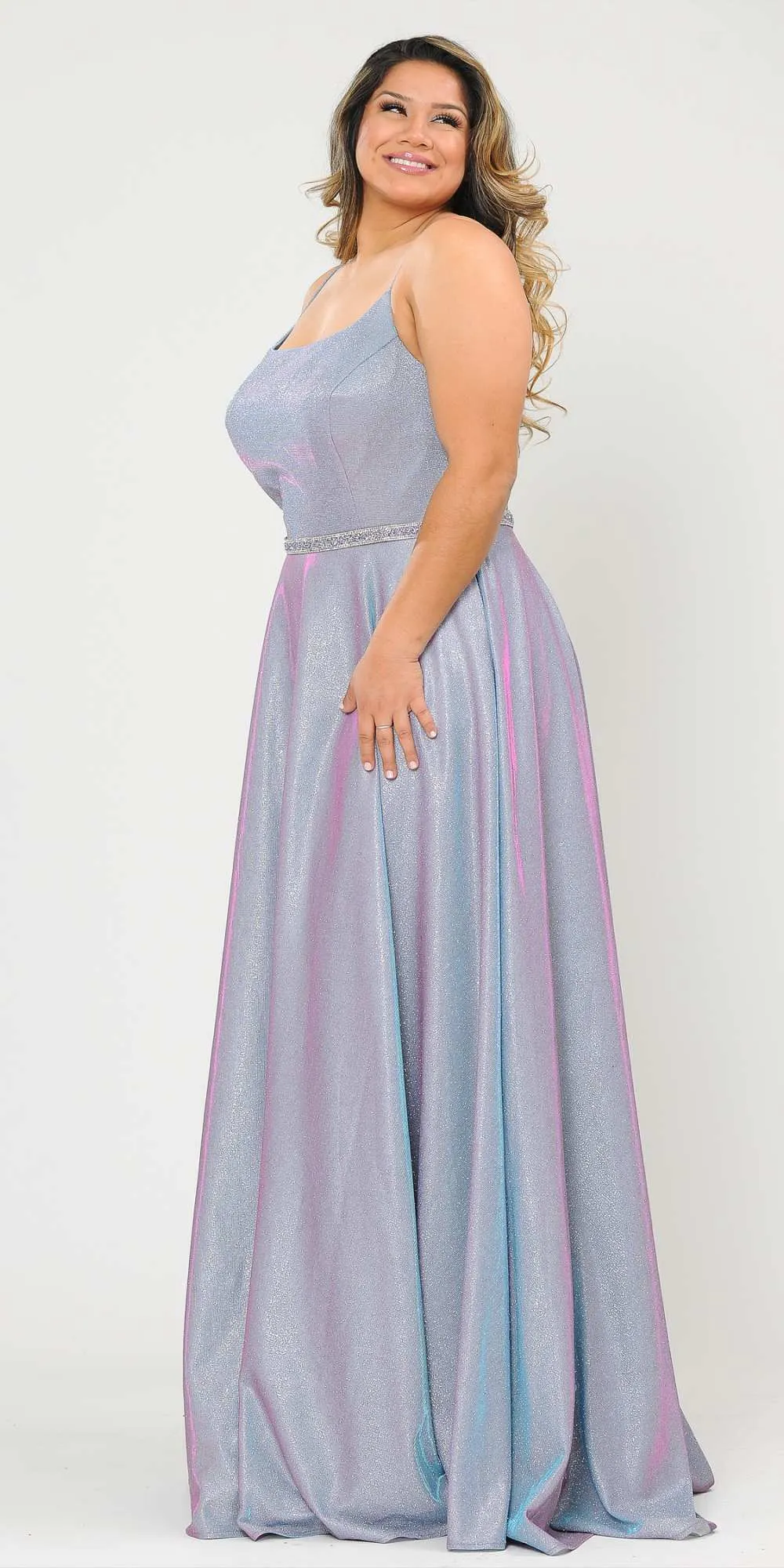 Lindas W1038 Square Neck Rhinestone Belt Iridescent Glitter Plus Size Dress