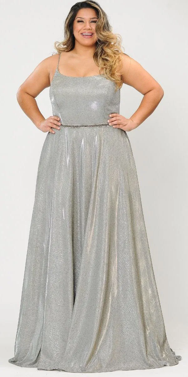 Lindas W1038 Square Neck Rhinestone Belt Iridescent Glitter Plus Size Dress