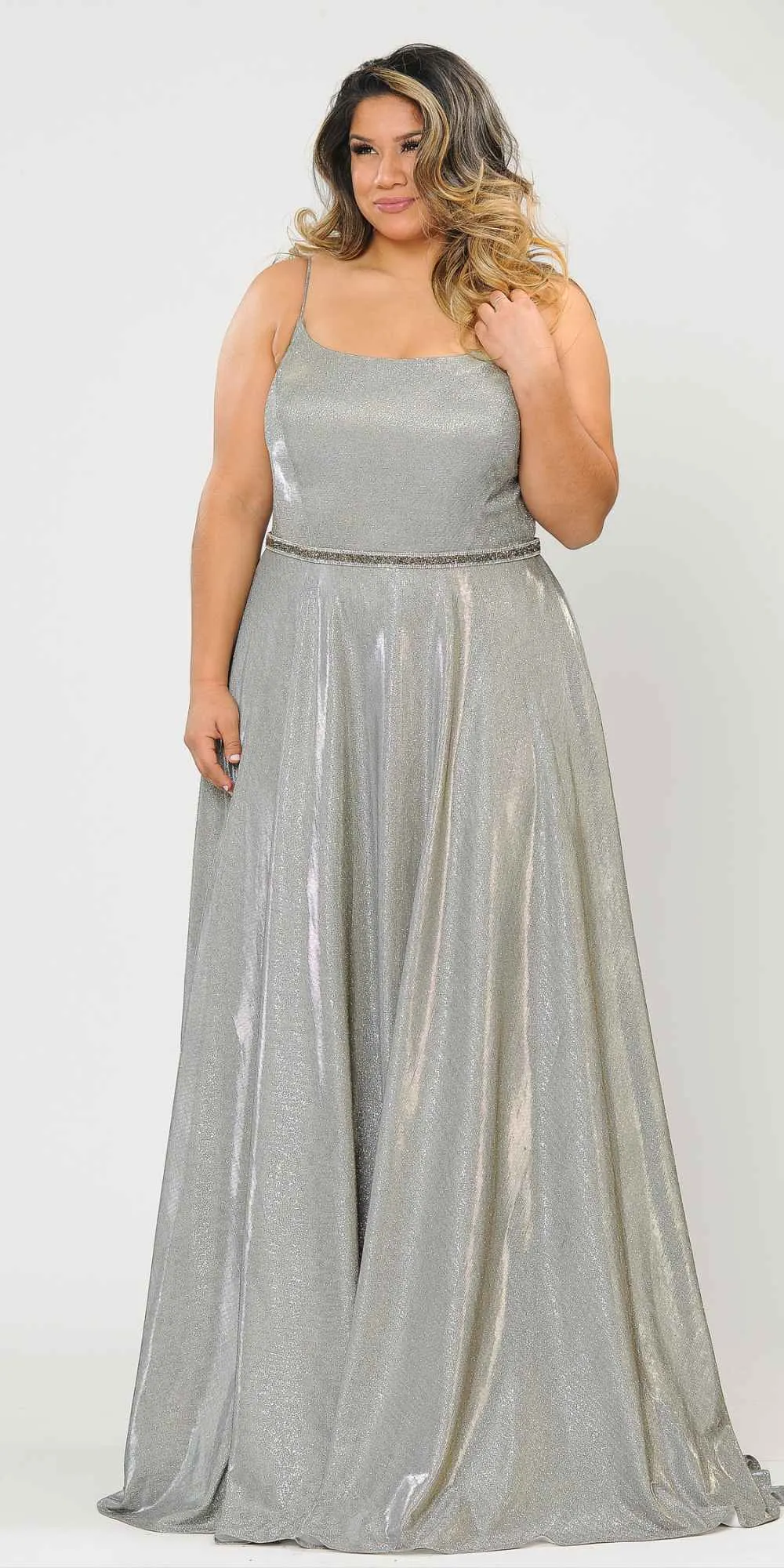 Lindas W1038 Square Neck Rhinestone Belt Iridescent Glitter Plus Size Dress