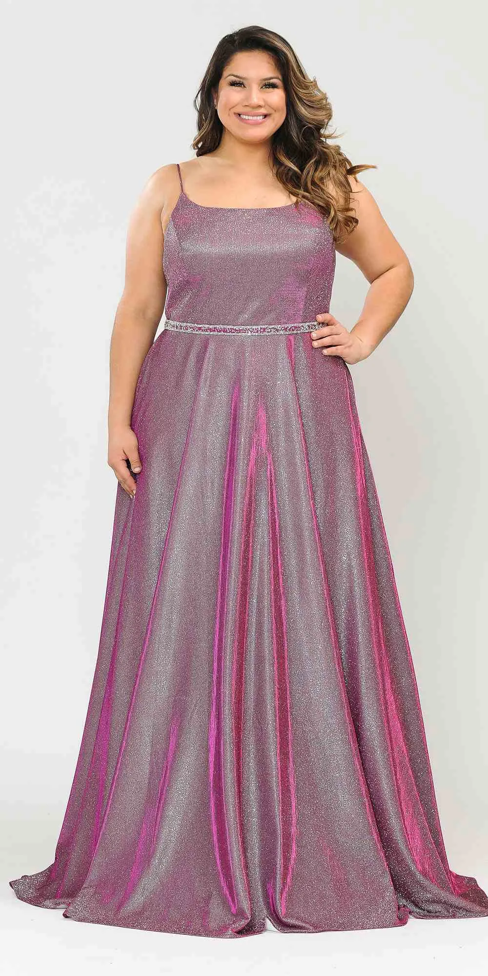 Lindas W1038 Square Neck Rhinestone Belt Iridescent Glitter Plus Size Dress