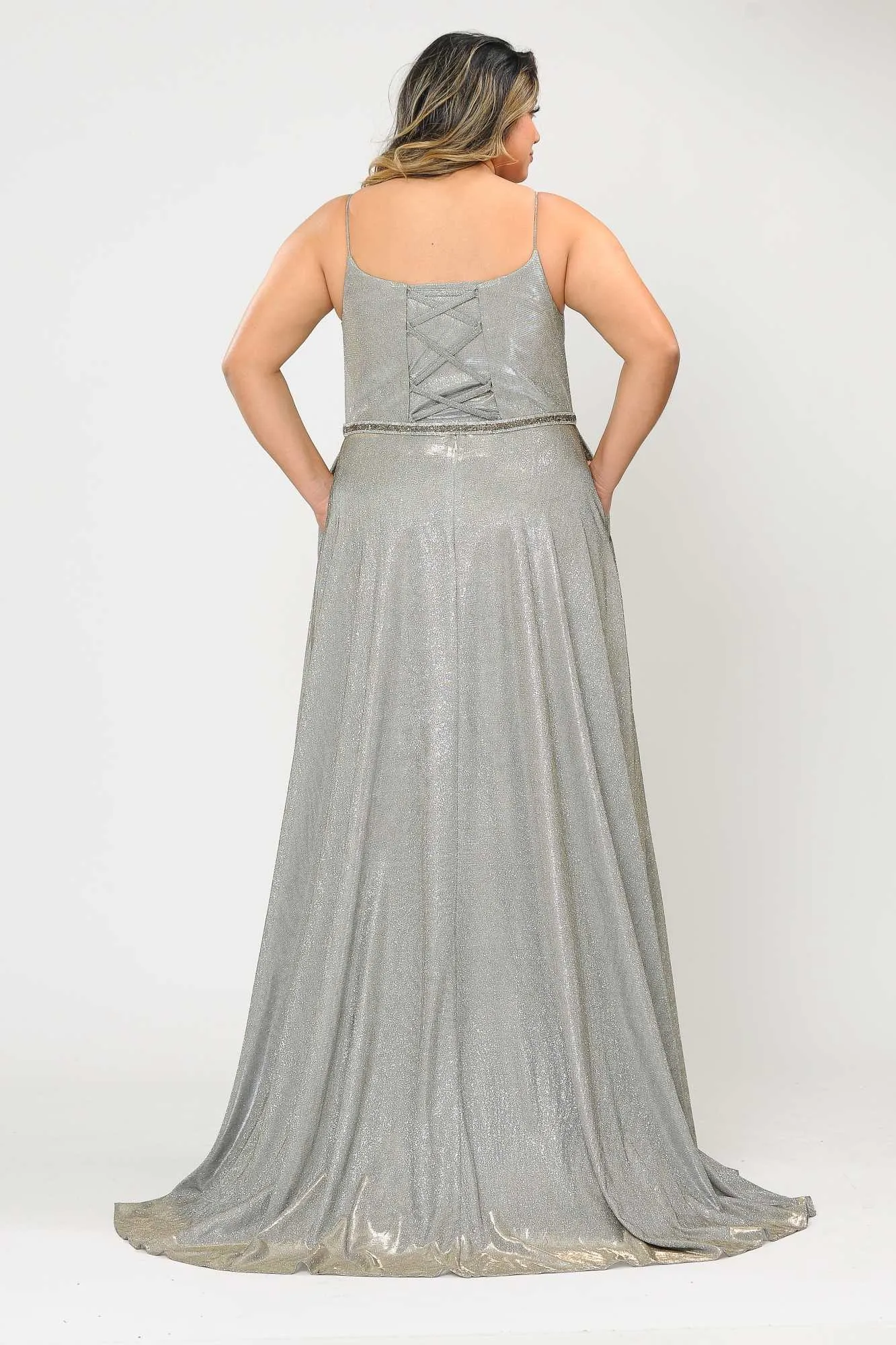 Lindas W1038 Square Neck Rhinestone Belt Iridescent Glitter Plus Size Dress