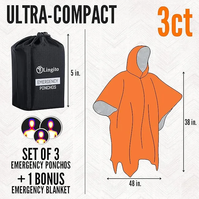 Lingito Rain Ponchos Family Pack - Emergency Drawstring Hood Poncho for Children & Adults Lightweight Reusable or Disposable