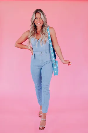Live To Impress Belted Denim Jumpsuit
