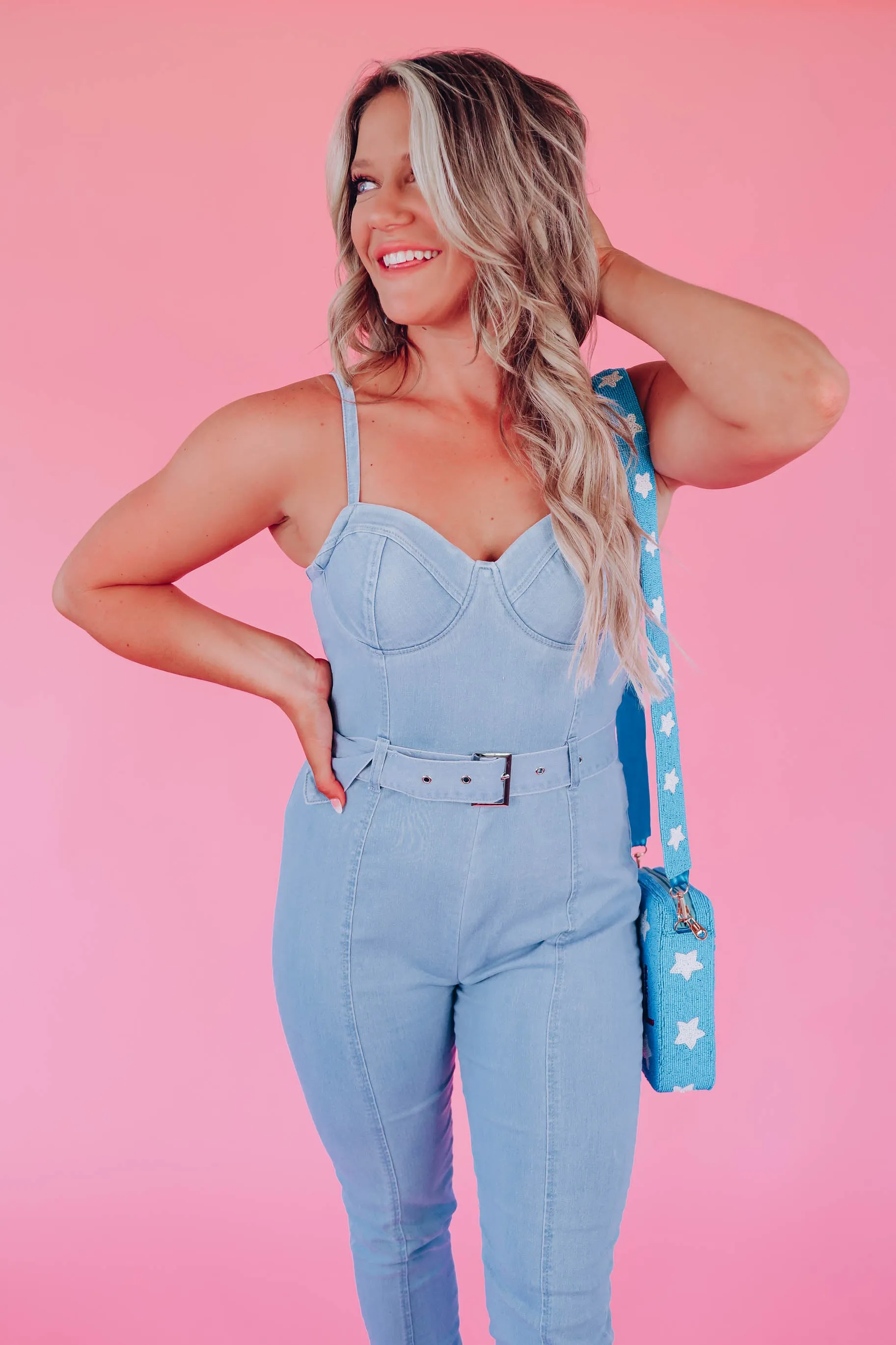 Live To Impress Belted Denim Jumpsuit