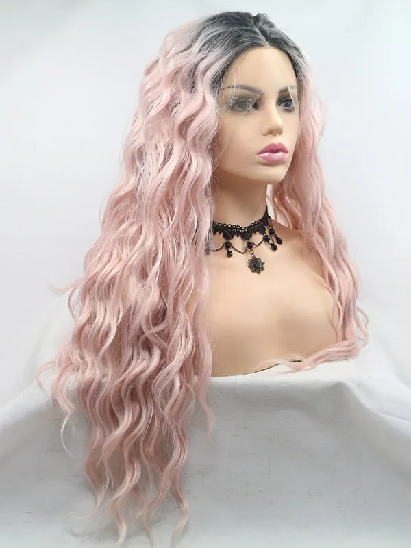Long Ombre Pink Wavy Synthetic Lace Front Wigs