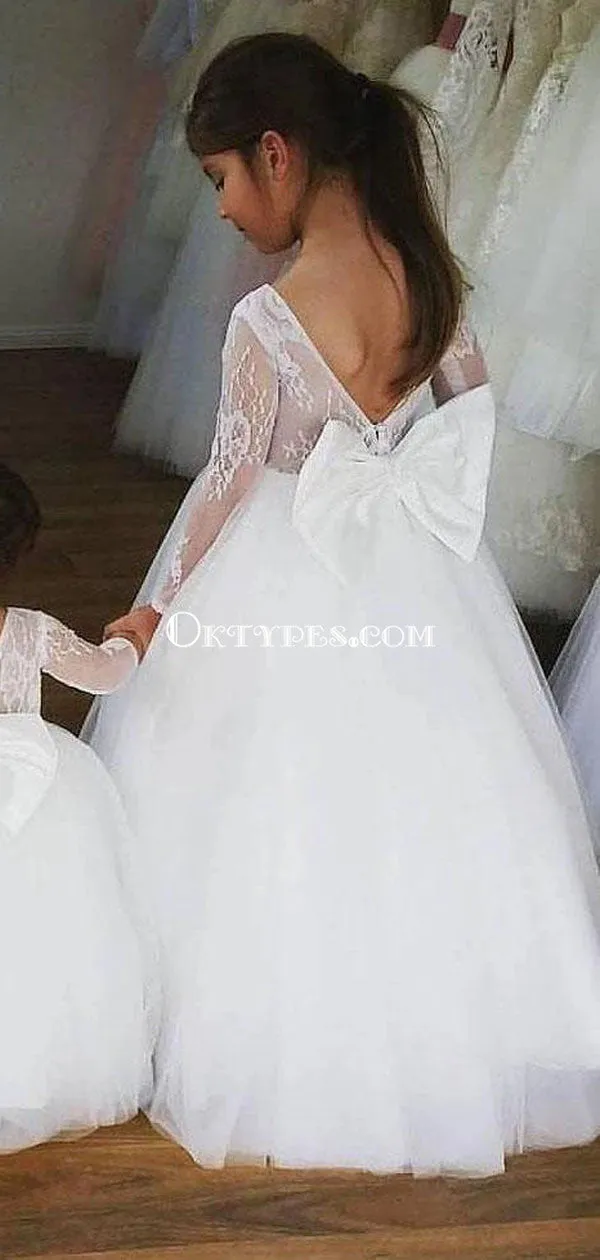 Long Sleeve Lace Top Flower Girl Dresses with Bow-Knot, Tulle Popular Little Girl Dresses, TYP0987