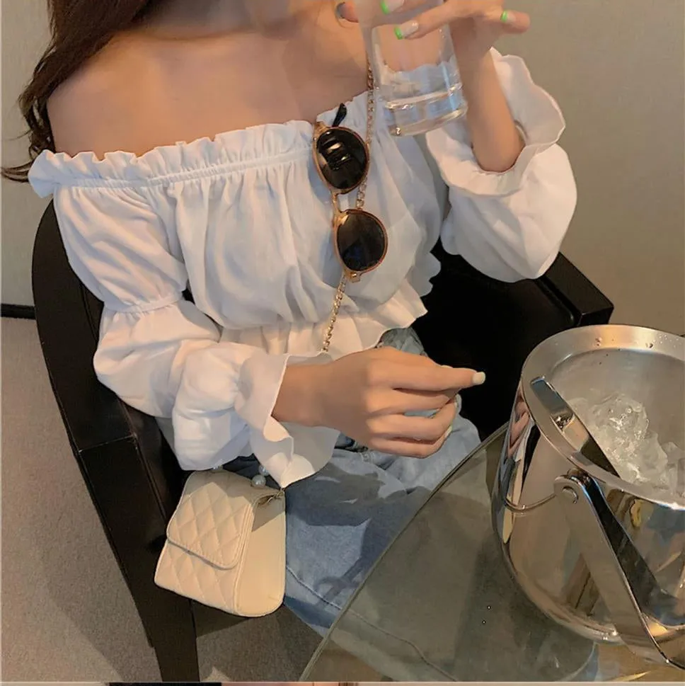 Long Sleeve Sexy Off Shoulder Ruffle Crop Tops