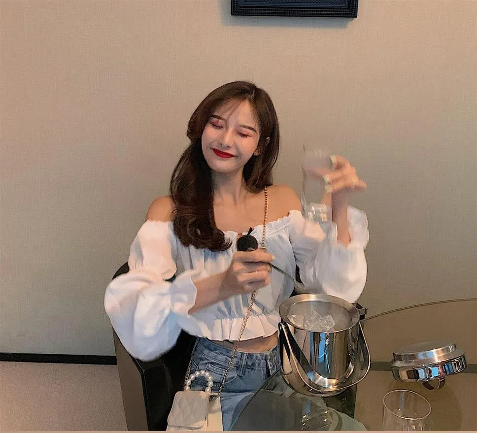 Long Sleeve Sexy Off Shoulder Ruffle Crop Tops