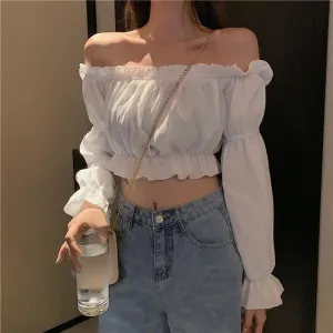 Long Sleeve Sexy Off Shoulder Ruffle Crop Tops