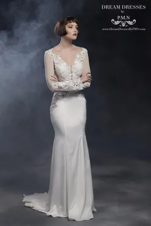 Long Sleeve Wedding Dress With Lace Top (#SS16101)