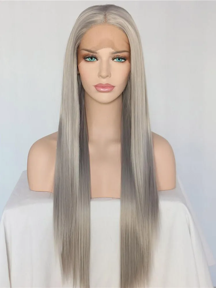 Long Straight Silver Grey Synthetic Lace Front Wigs