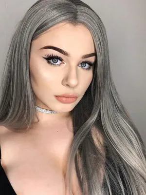 Long Straight Silver Grey Synthetic Lace Front Wigs