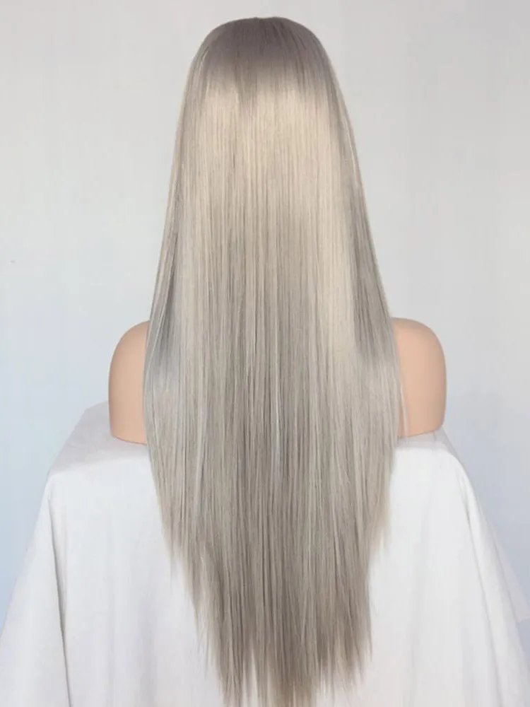 Long Straight Silver Grey Synthetic Lace Front Wigs