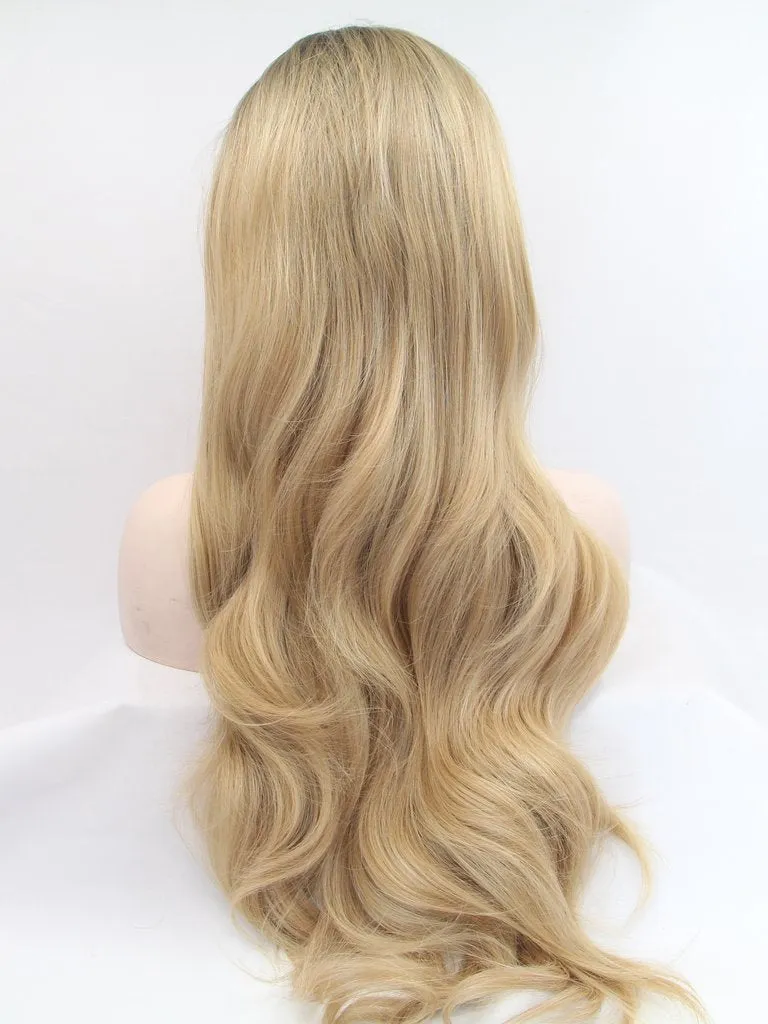 Long Wavy Ombre Blonde Synthetic Lace Front Wigs Long Blonde Wig  Blonde Wig with Dark roots