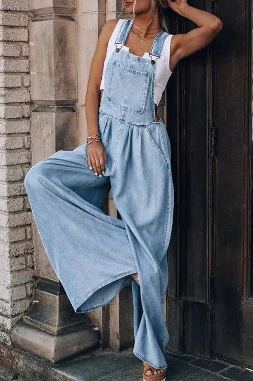 Loose Denim Pockets Strap Elastic Waist Overalls Jumpsuits